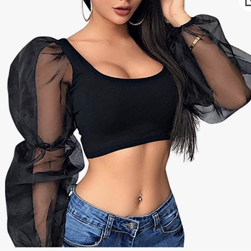 Black mesh puff sleeve crop top
